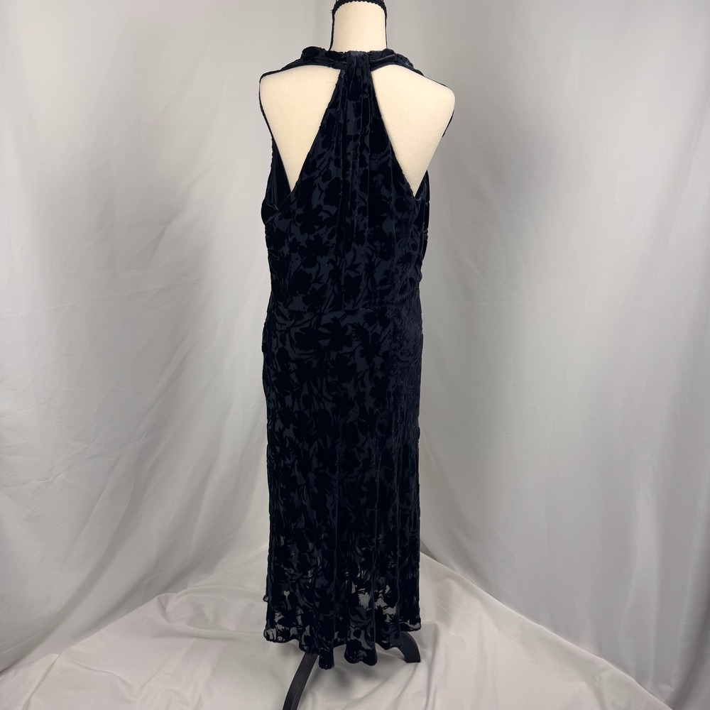 Elie Tahari Dress Women 14 Navy Blue Silk Blend Burnout Velvet Cowl Neck Midi - Picture 2 of 7